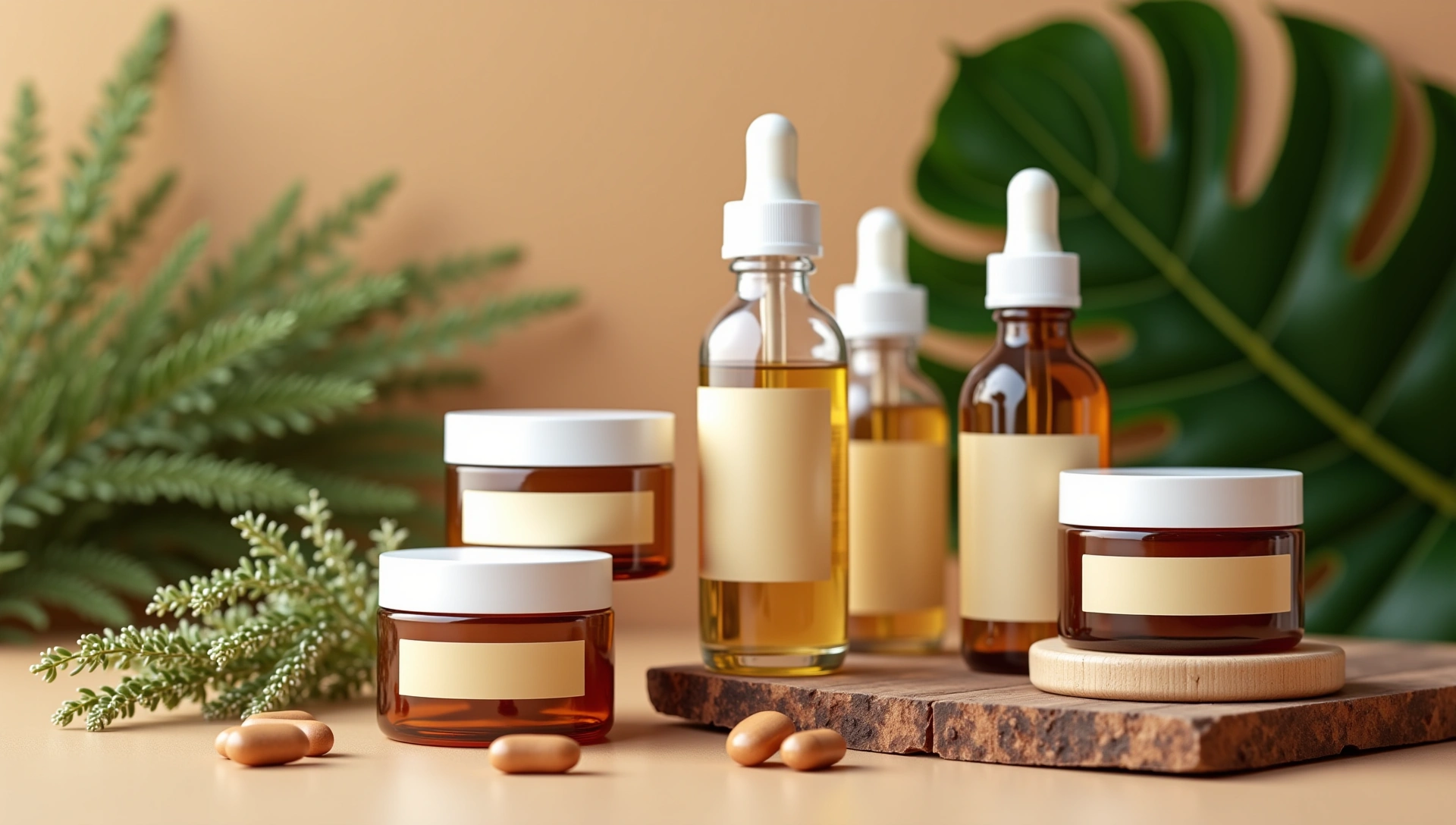 Natural supplements and skincare products on warm background